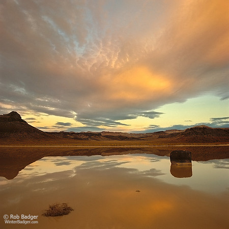Clouds at sunset reflecting on still water in a flooded playa_Mojave Desert_California_Rob Badger
